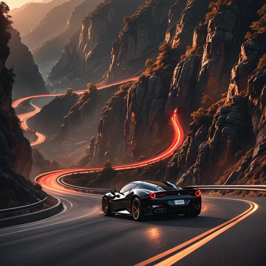 Black Ferrari J50 Speeding on Mountain Road