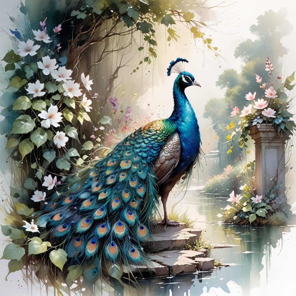Peacock in Watercolor Garden with Iridescent Plumage