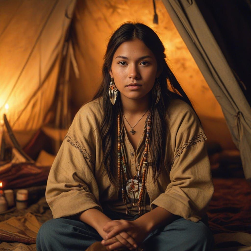 Native American Woman in Tent: Warm Oil Painting