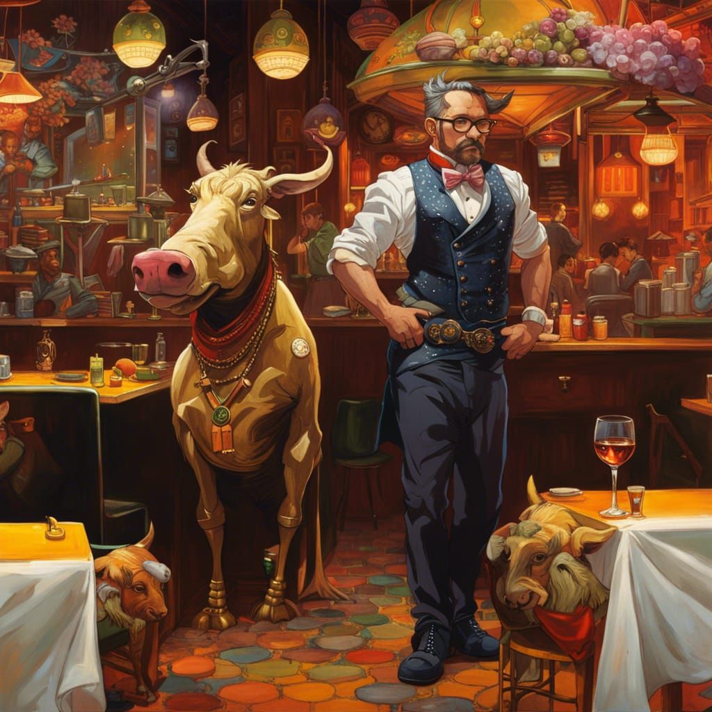 Anthropomorphic Warthog Waiter in Fantasy Restaurant