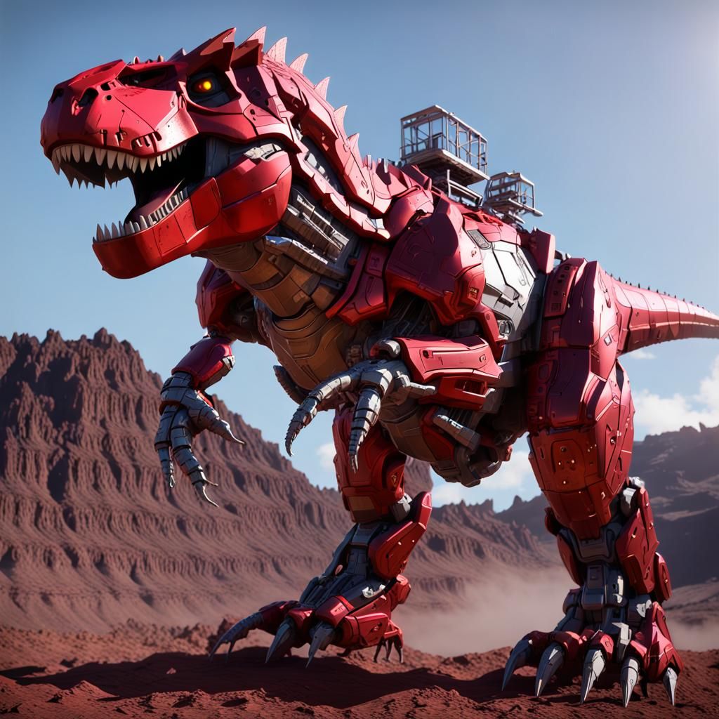 Red Tyrannosaurus Rex Mecha Zord: Hyperdetailed Fantasy