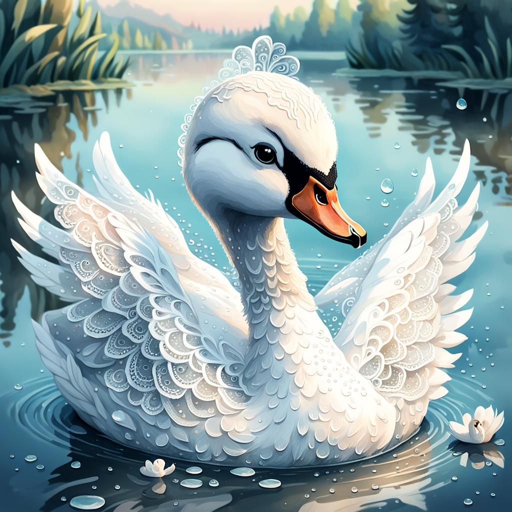 Lace Swan on Serene Lake: Whimsical Digital Portrait