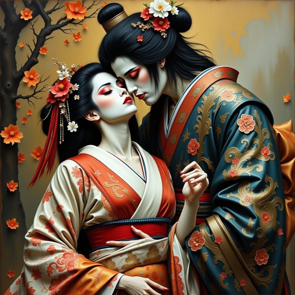 Mourning Geisha with Samurai in Dramatic Style
