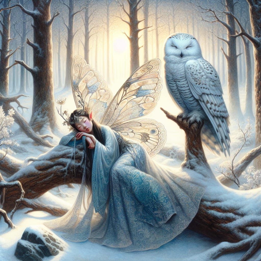 Majestic Fairy's Winter Slumber in Enchanted Snow Forest