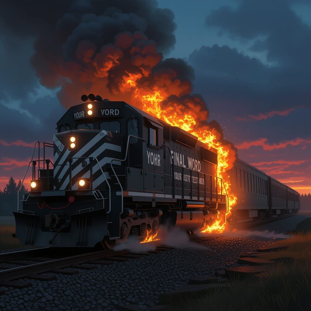 Burning Train Wreck Under Dark Skies, Cinematic Style