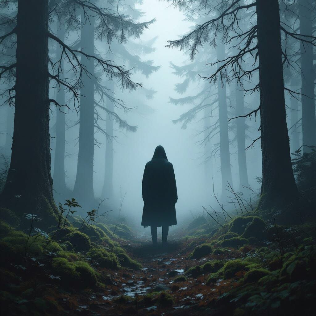 Ethereal Figure in Misty Forest, Digital Painting