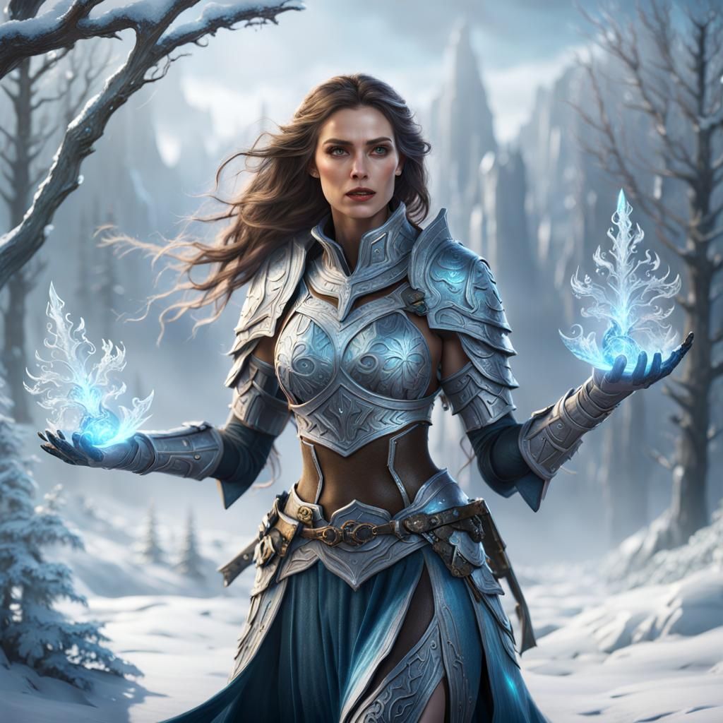 Winter Woman Casting Frost Spell in a Wonderland