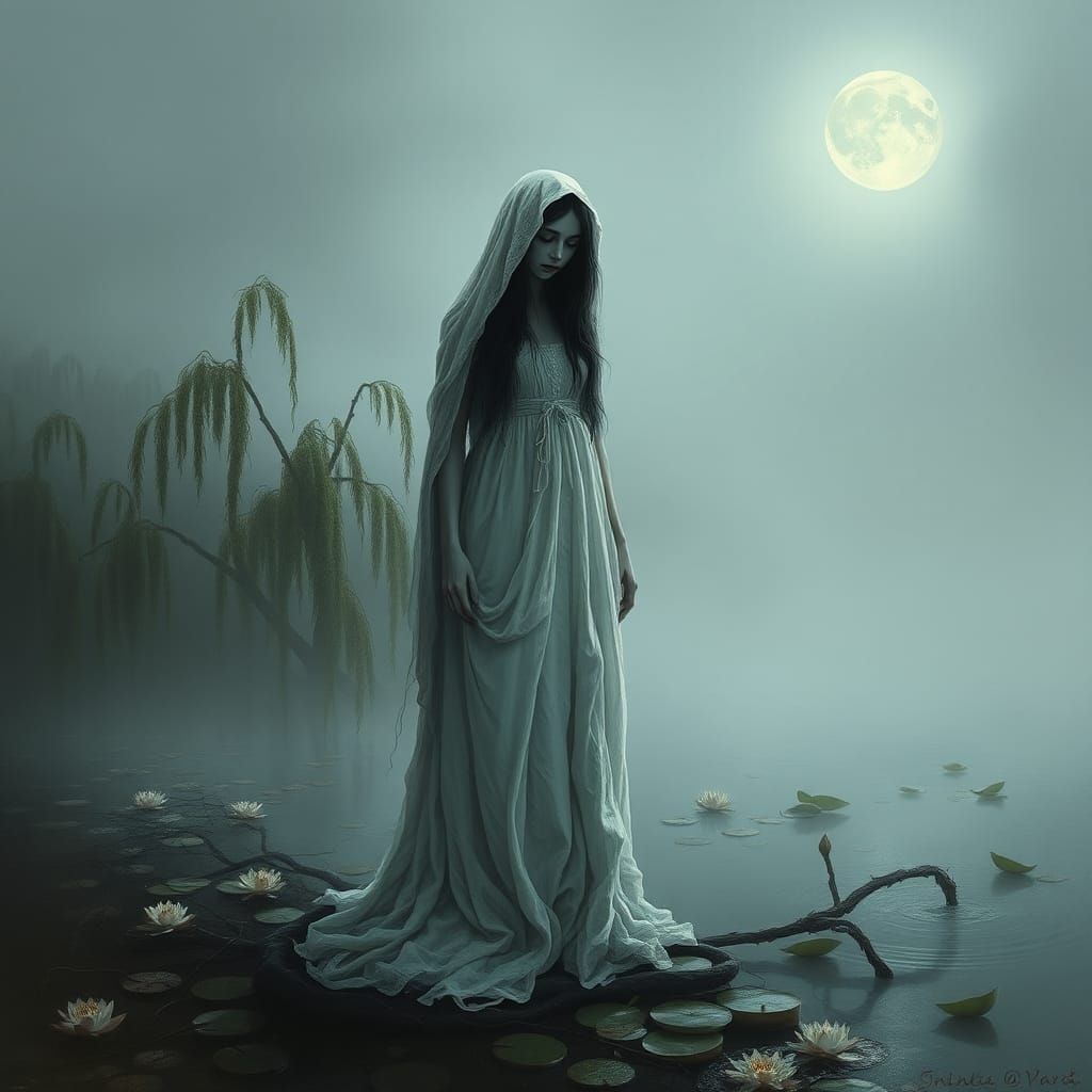 La Llorona on Misty Lake, Surrealist Dreamscape