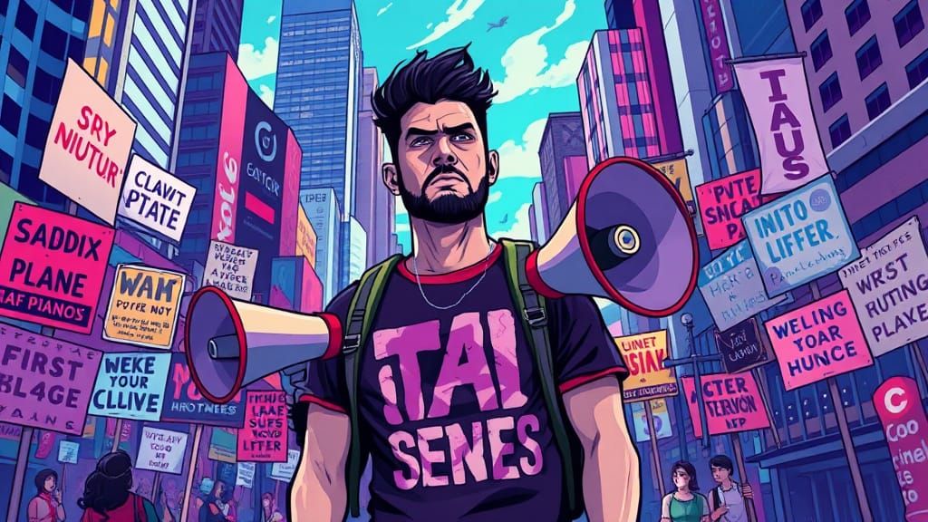 Resolute Activist at City Protest in Stylized Realism