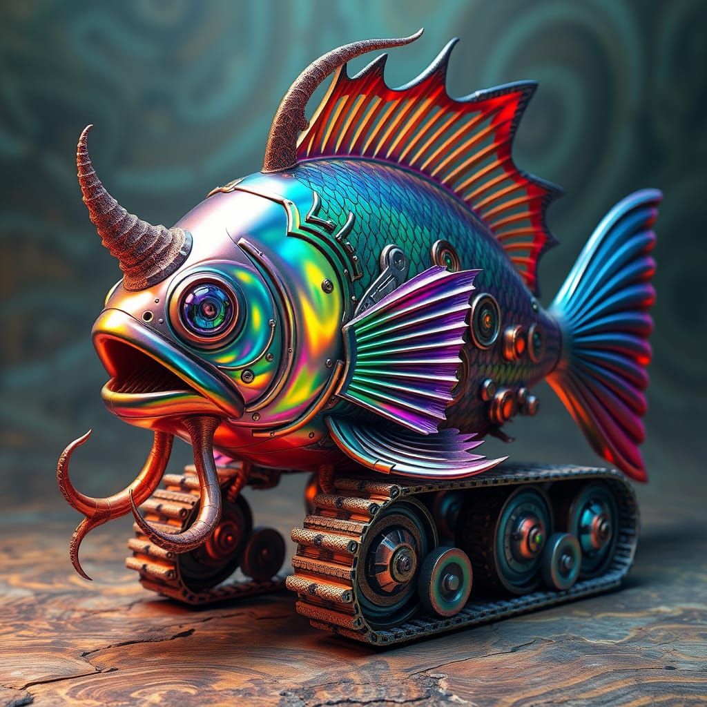Iridescent Fish-Screw with Shimmering Horn in a Kaleidoscope...