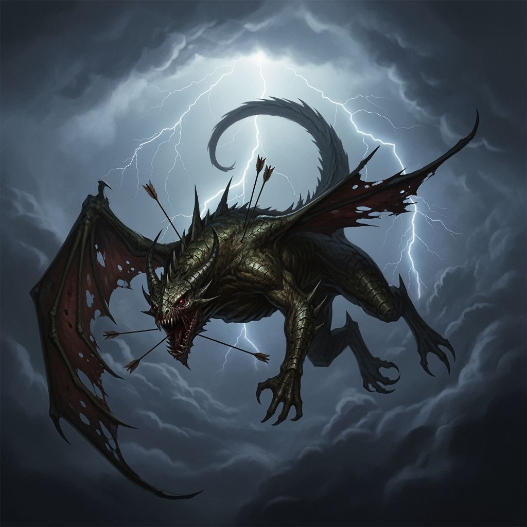Grotesque Dragon Monster Falling Amidst Stormy Sky