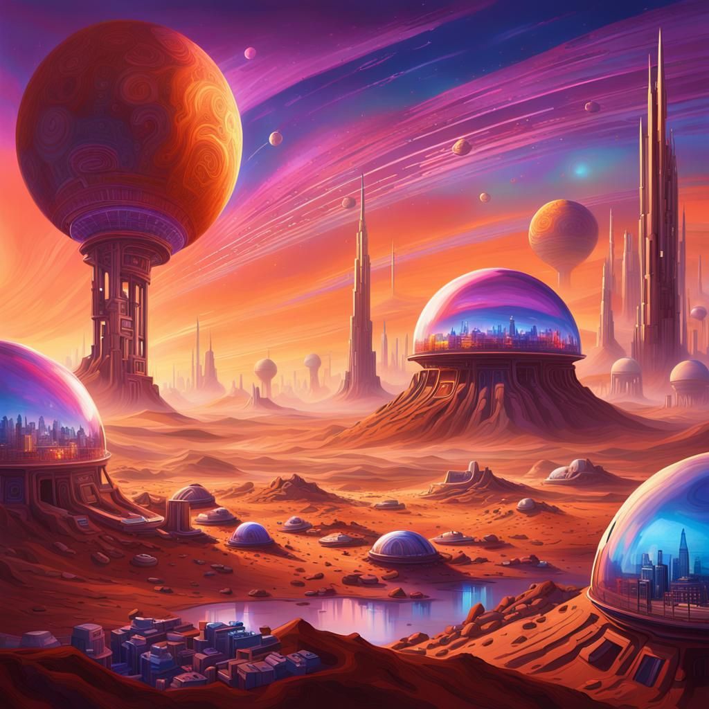 Futuristic Martian Cityscape in Vibrant Oil Painting