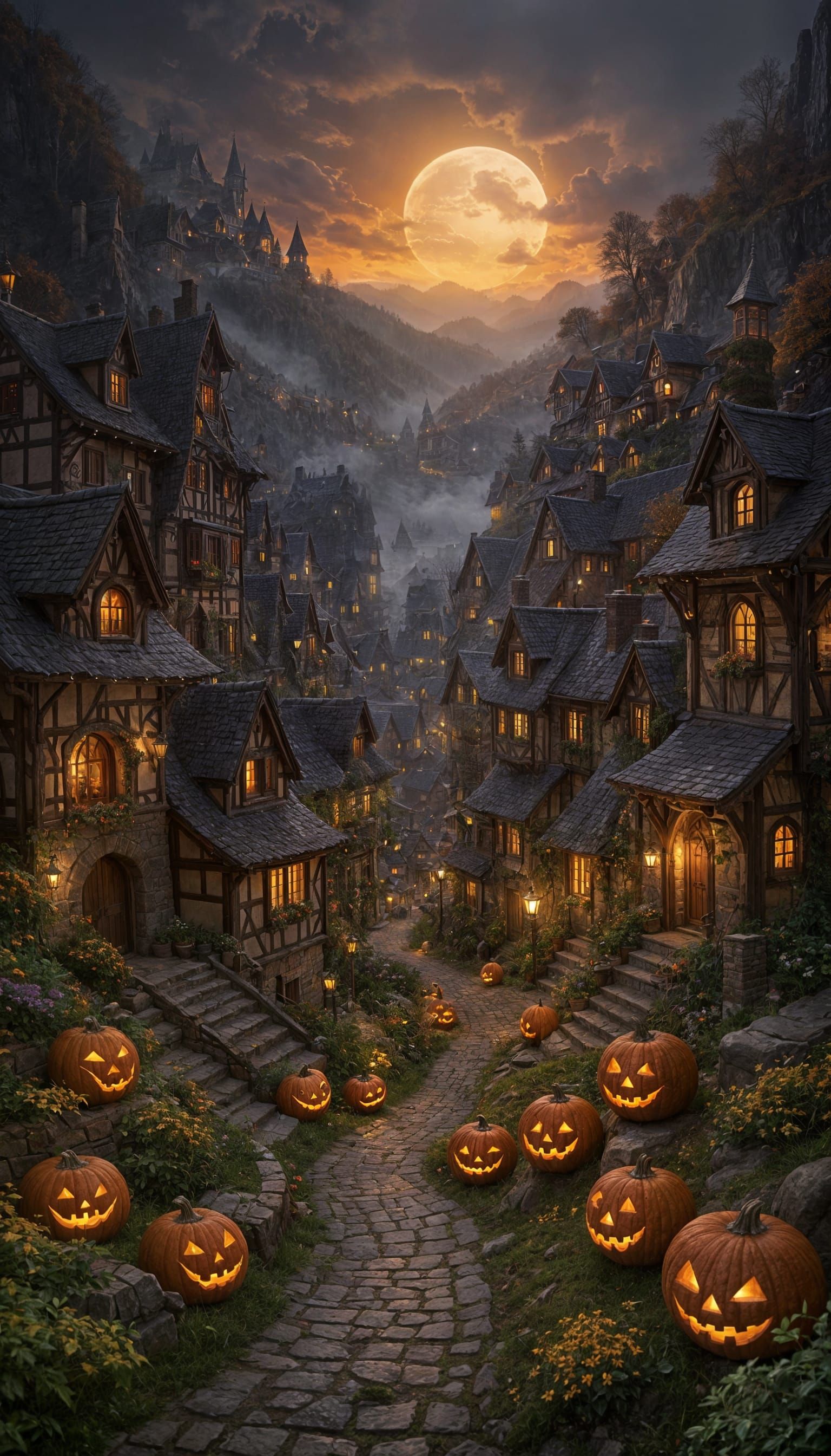 Cozy Autumn Village Aglow with Jack-o'-Lanterns