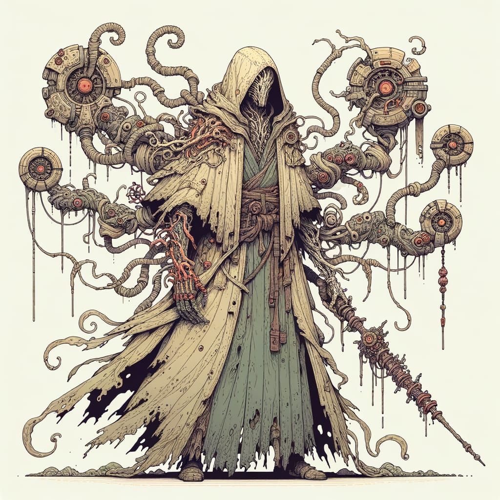 Battle-Scarred Wizard with Giger-esque Machines in Line Art