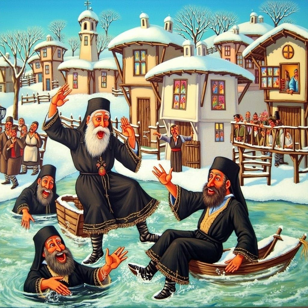 Priests Frolicking in Winter River in Naive Art Style