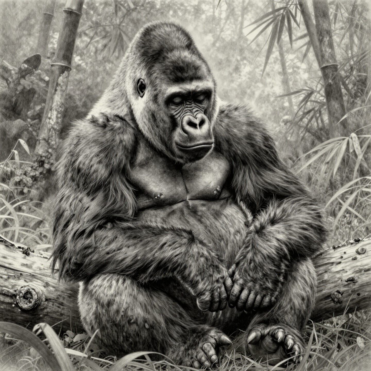 Detailed Graphite Drawing of Resting Mountain Gorilla