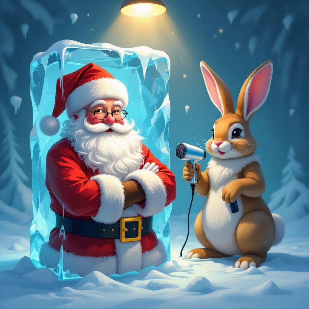 Santa in Ice with Easter Bunny and Hair Dryer