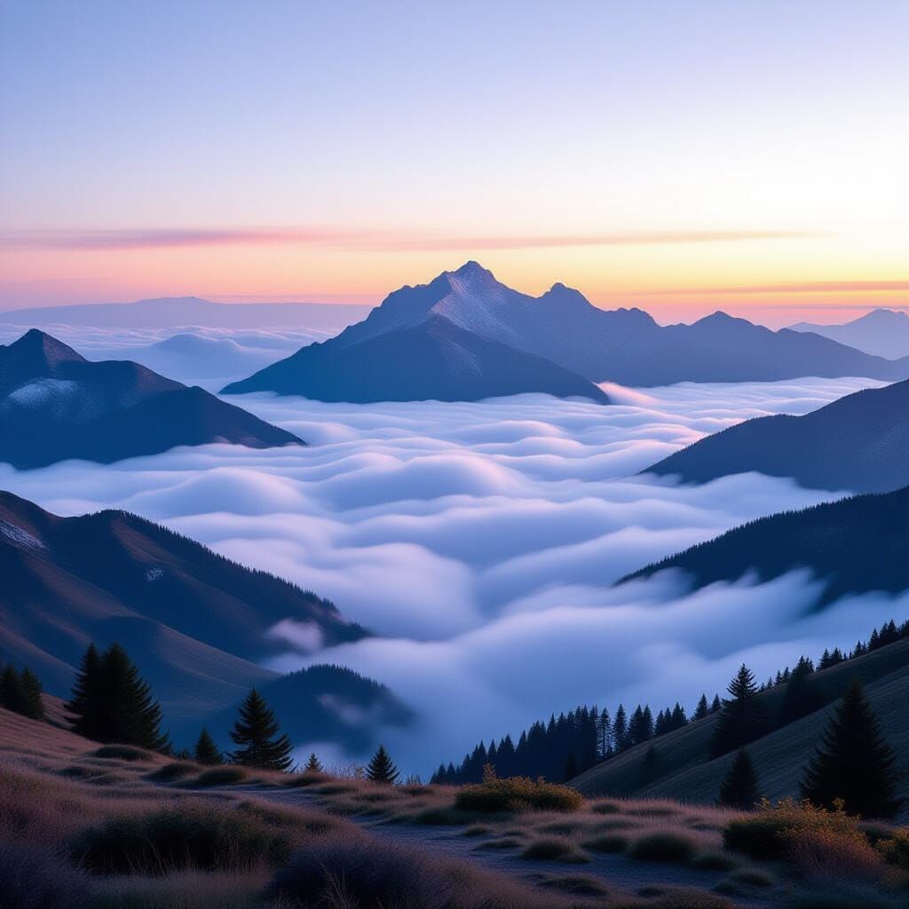 Serene Dawn Mountain Vista with Pastel Clouds