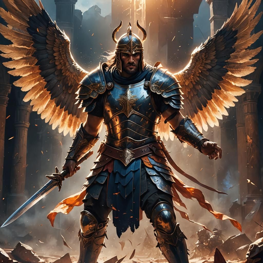 Angelic Gladiator in Arena with Ethereal Wings