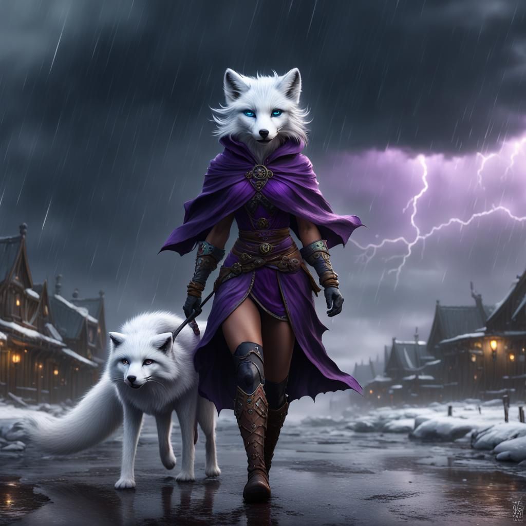 Anthro Arctic Fox Woman in Storm, Dark Fantasy Art