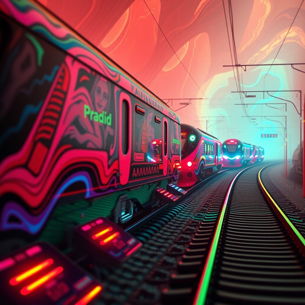Surreal Railway Scene in Cyberpunk Aesthetic with Hyper-Real...