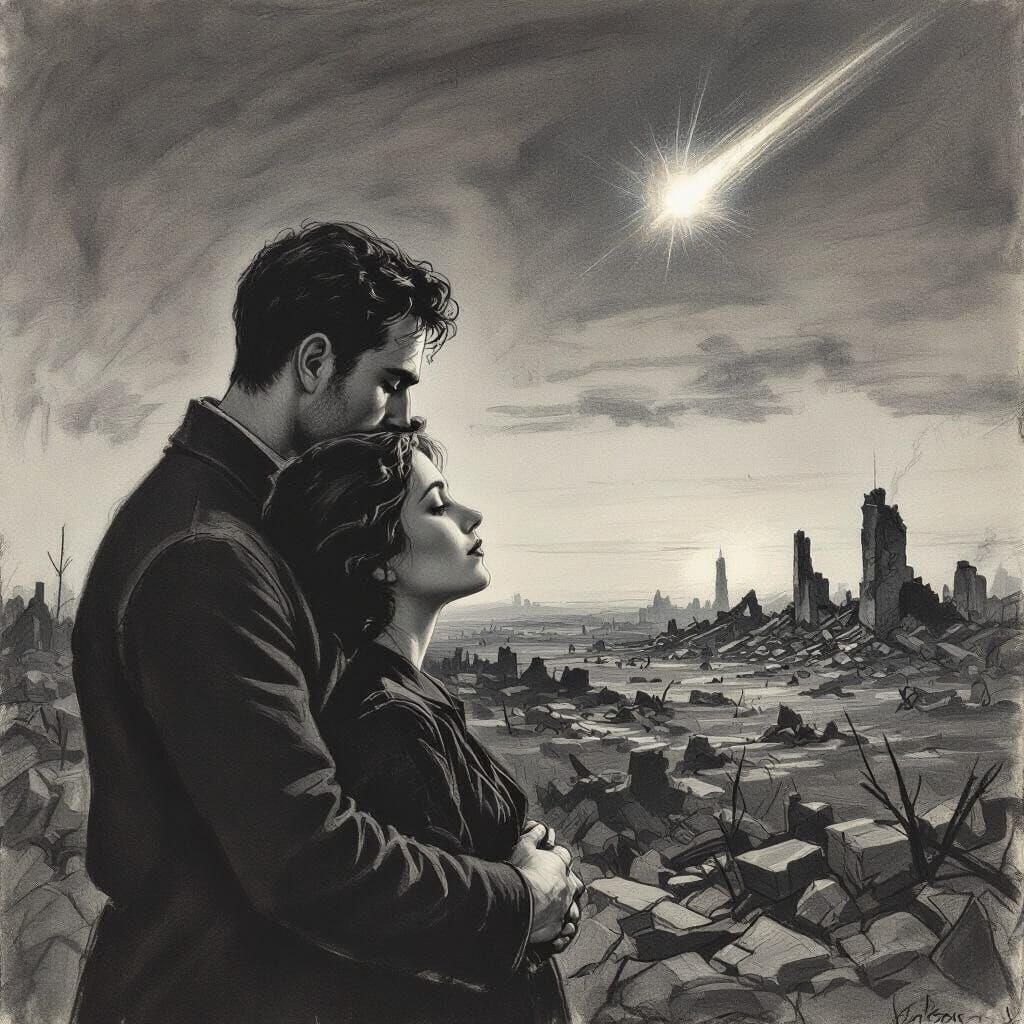 Intimate Embrace Amidst Desolation Charcoal Drawing