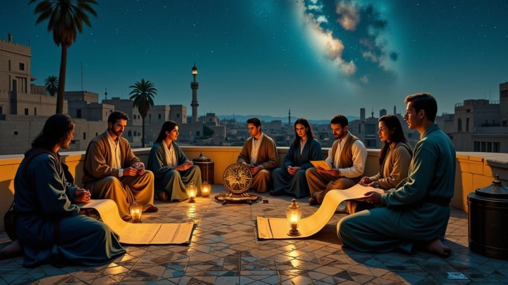 Scholars Charting Milky Way on Rooftop in Lora Style