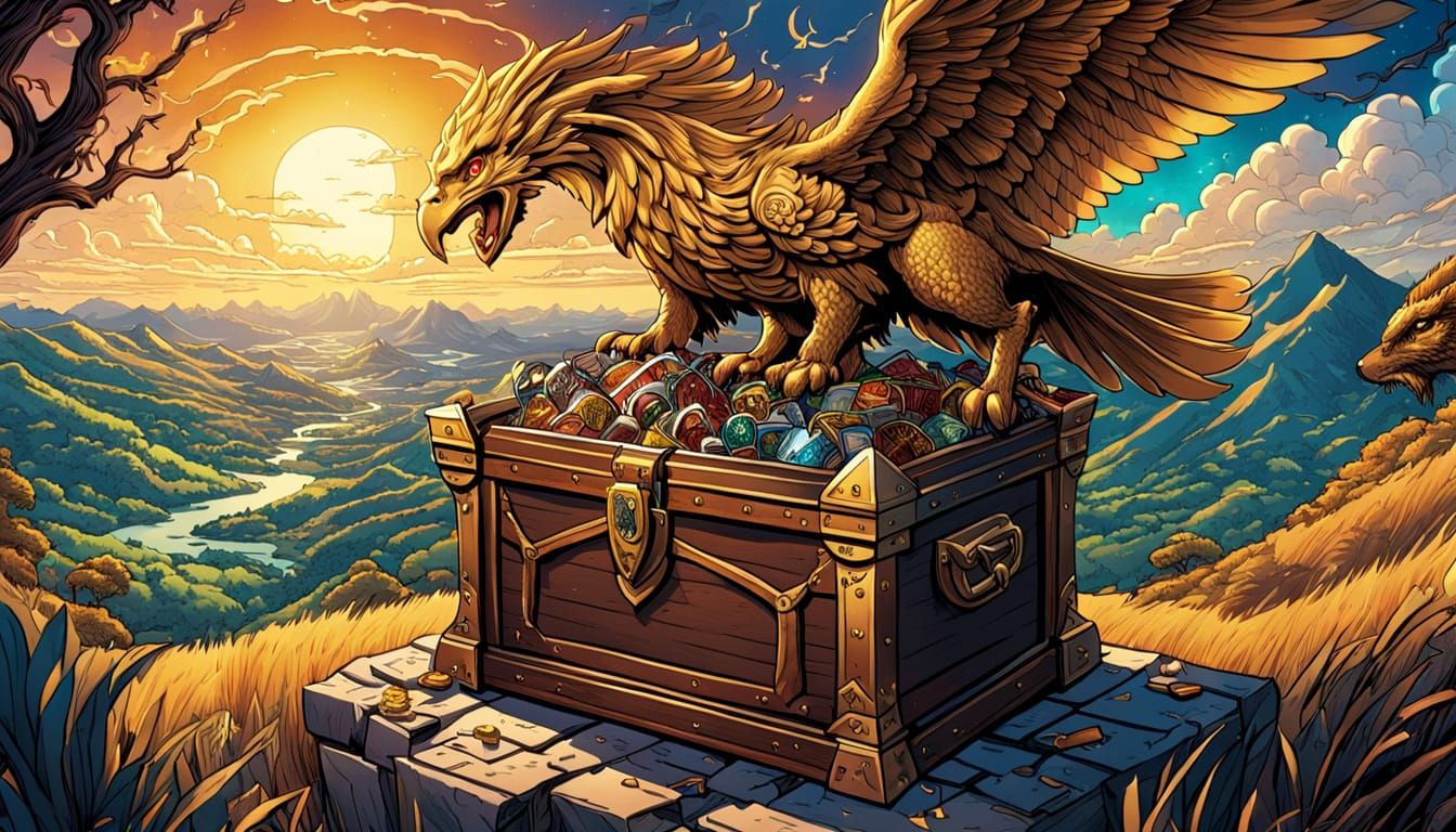 Griffin Guarding Treasure Chest in Comic Book Style