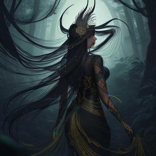 Spider-Woman Weaving Webs in Moonlit Forest