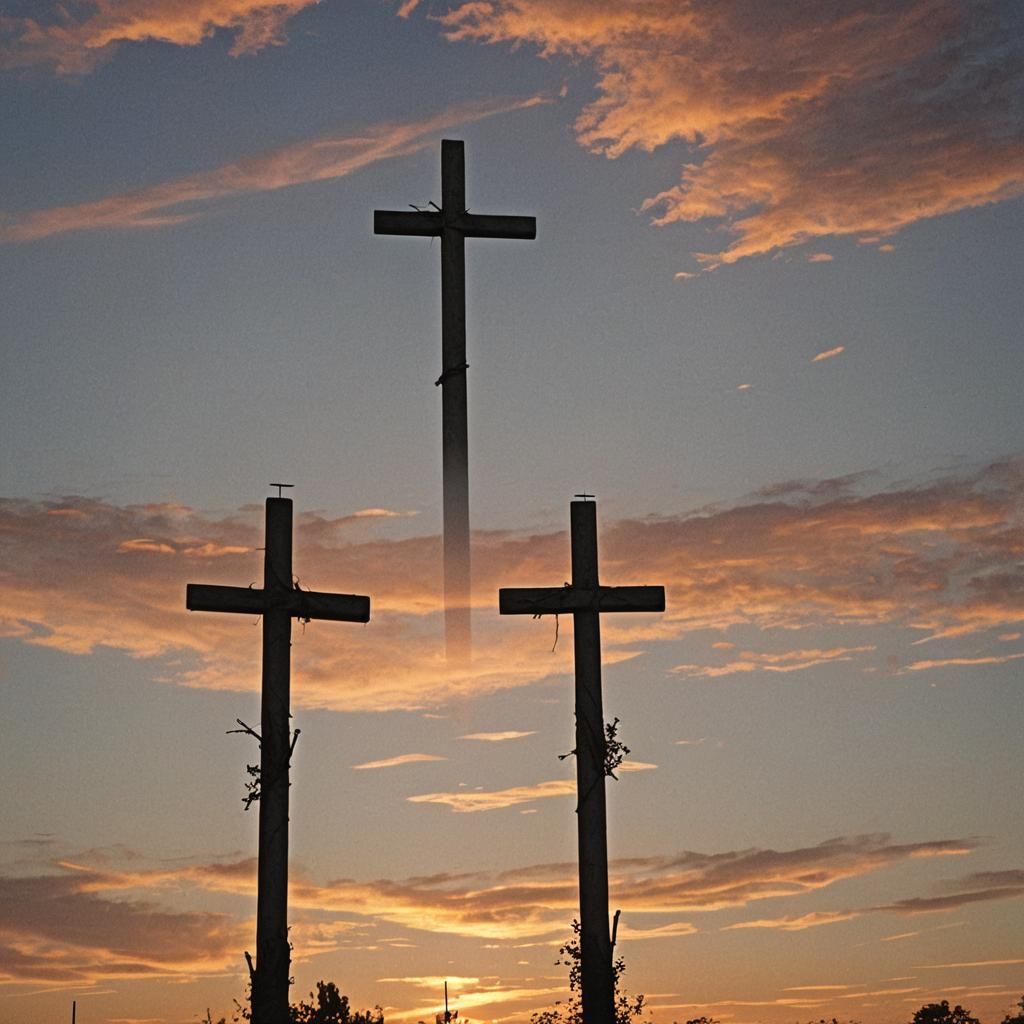 Three Crosses Against a Sunset Silhouette