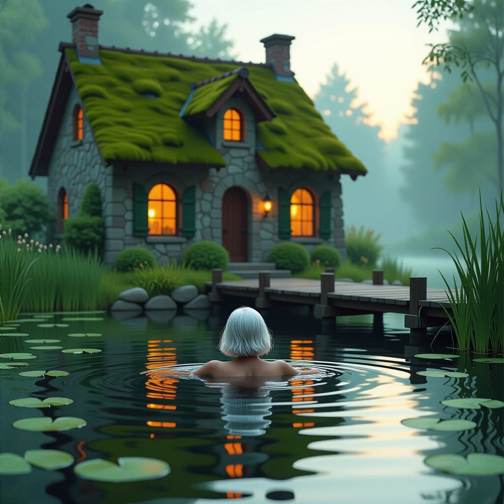 Woman Swims by Lakeside House in Digital Art Style
