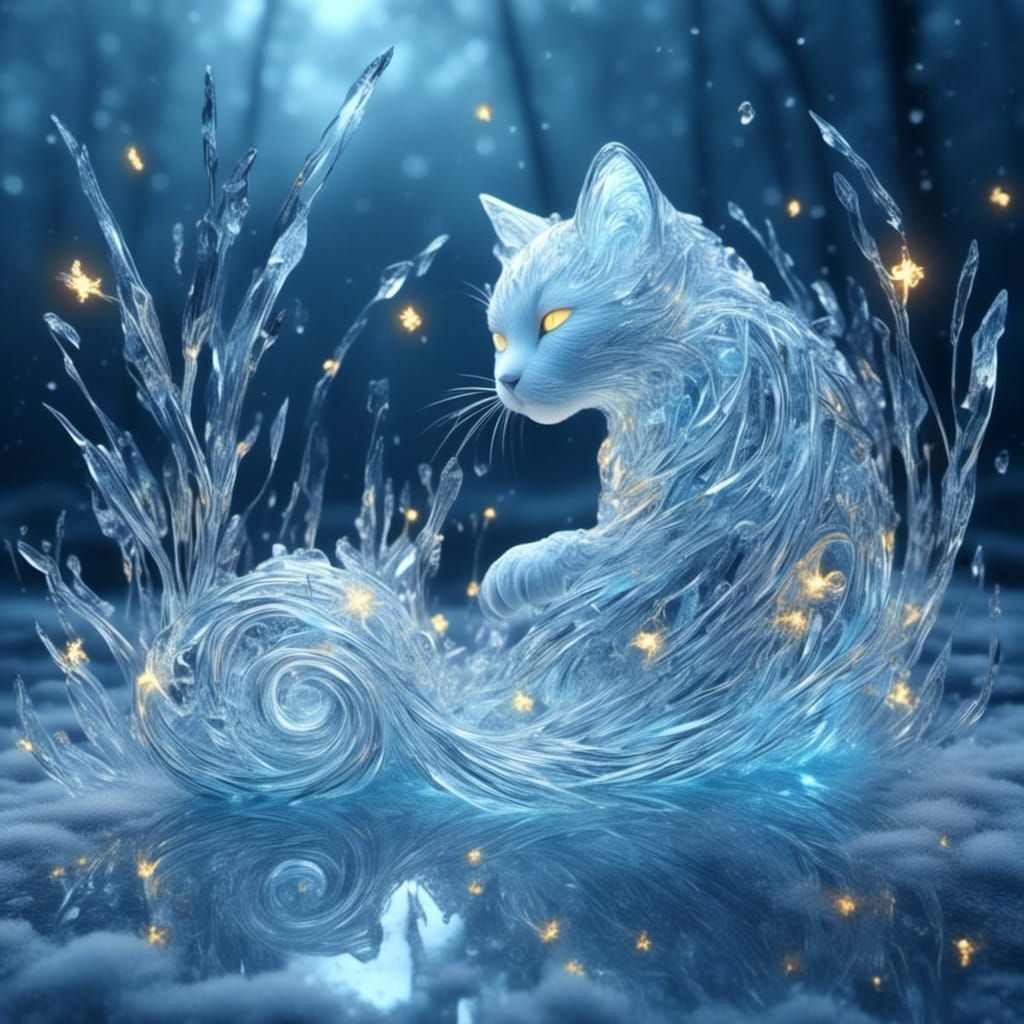 Ice Cat at Snowy Lake with Fireflies