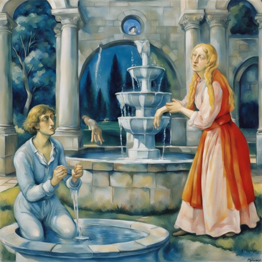 Surreal Fountain Inspired by Barlach, Lippi, Chagall