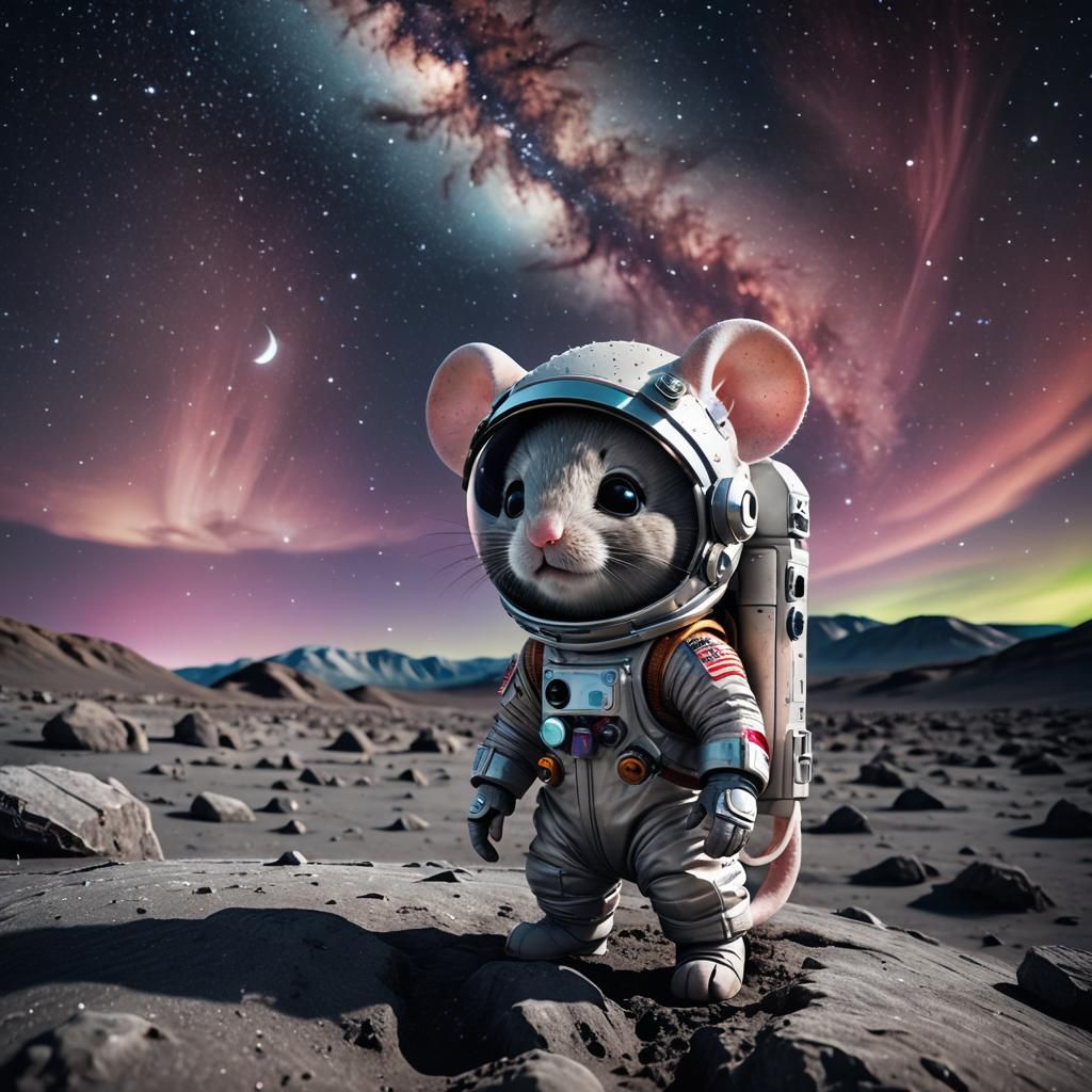 Chibi Mouse on Moon with Nebulas and Aurora