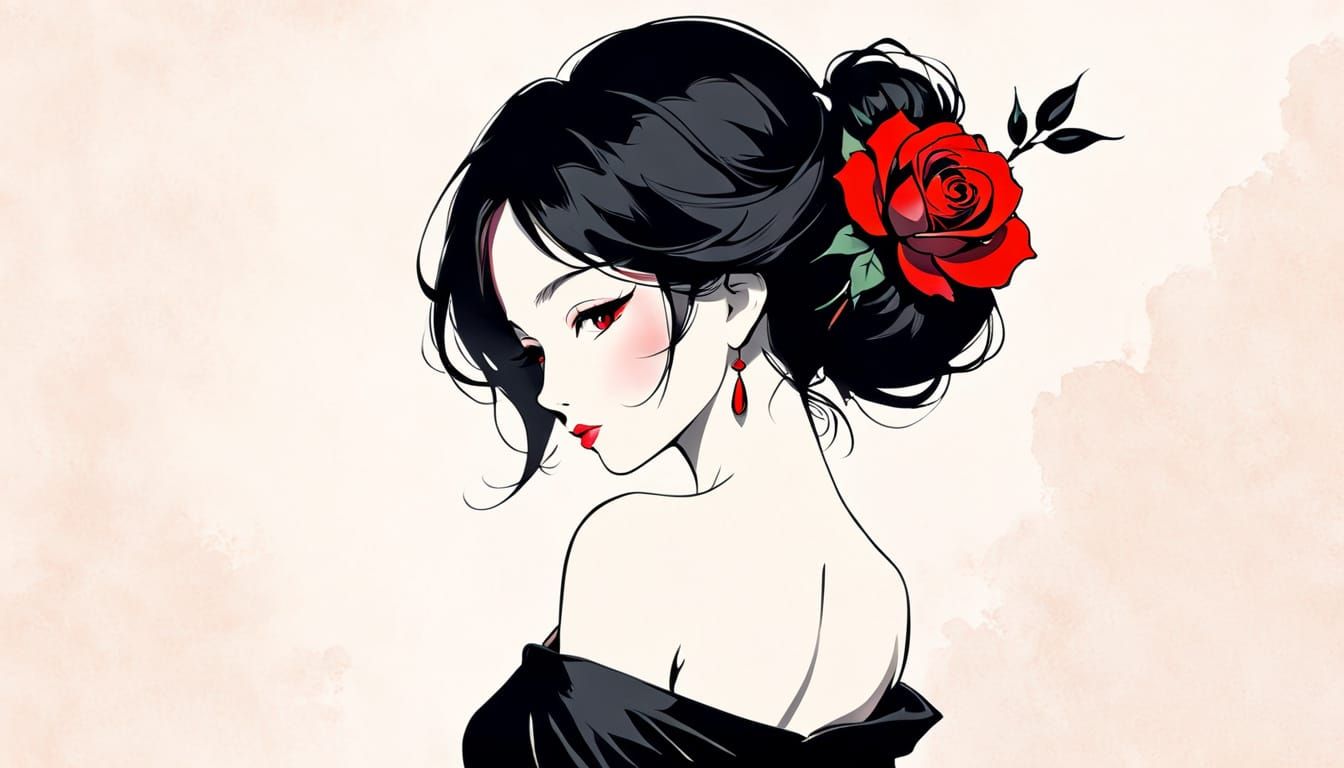 Elegant Japanese Style Woman Silhouette Line Art