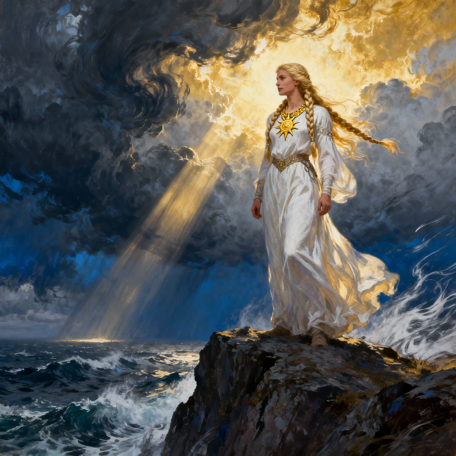 Nordic Warrior Woman on Cliff Overlooking Stormy Sea
