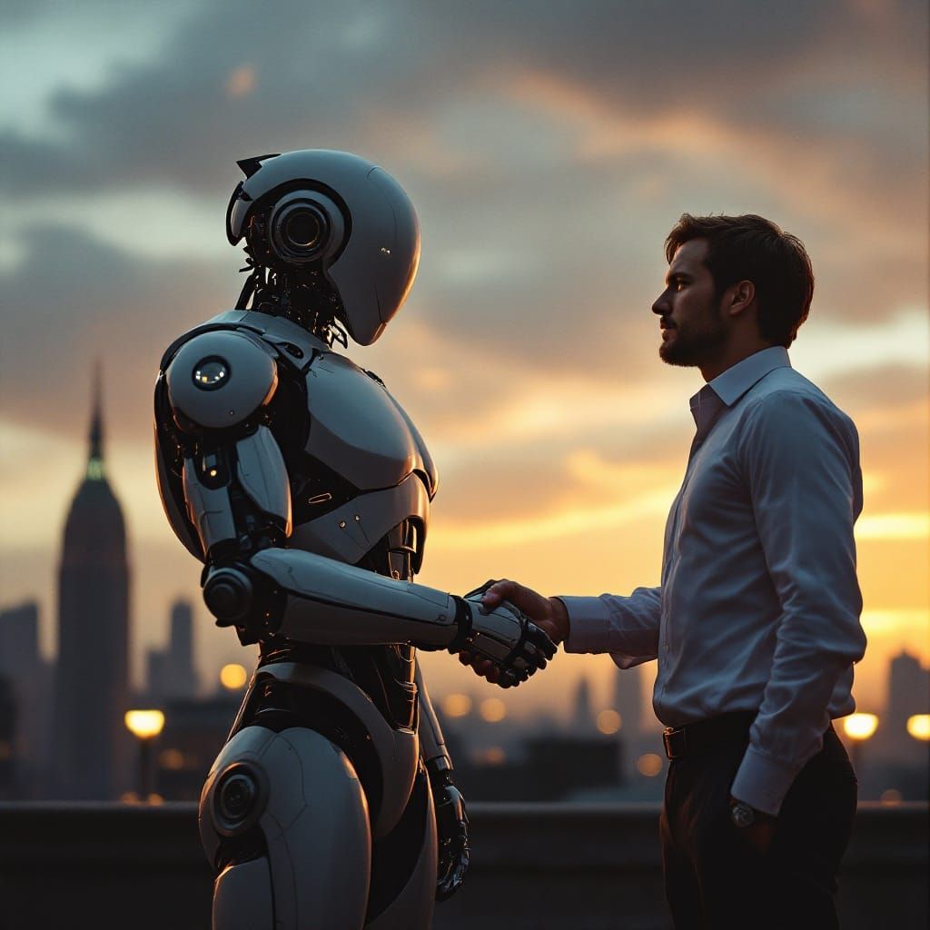 Humanoid Robot and Human Shake Hands in Dystopian Cityscape