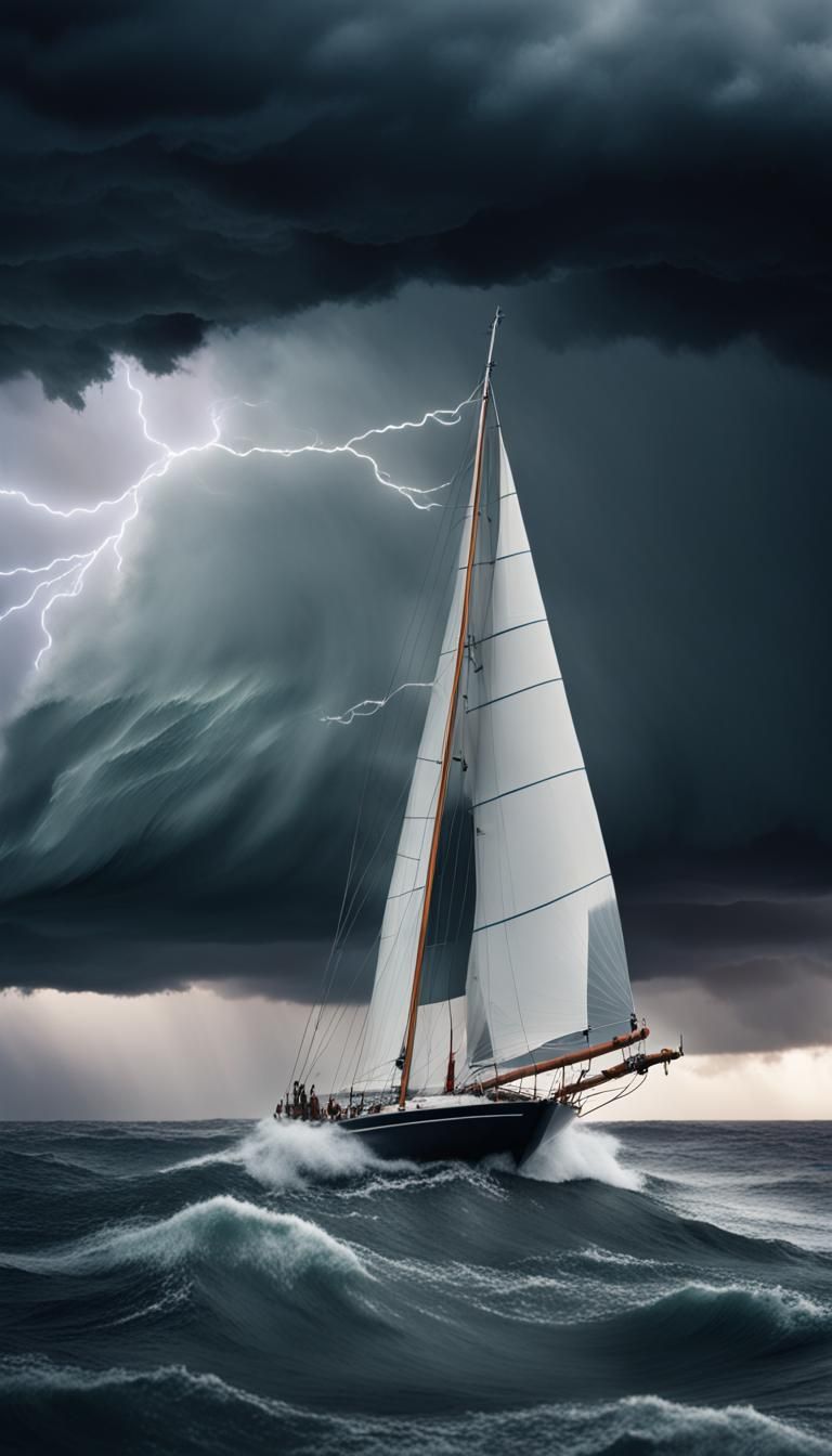 Sailboat Navigating a Stormy Sea: 8K Resolution