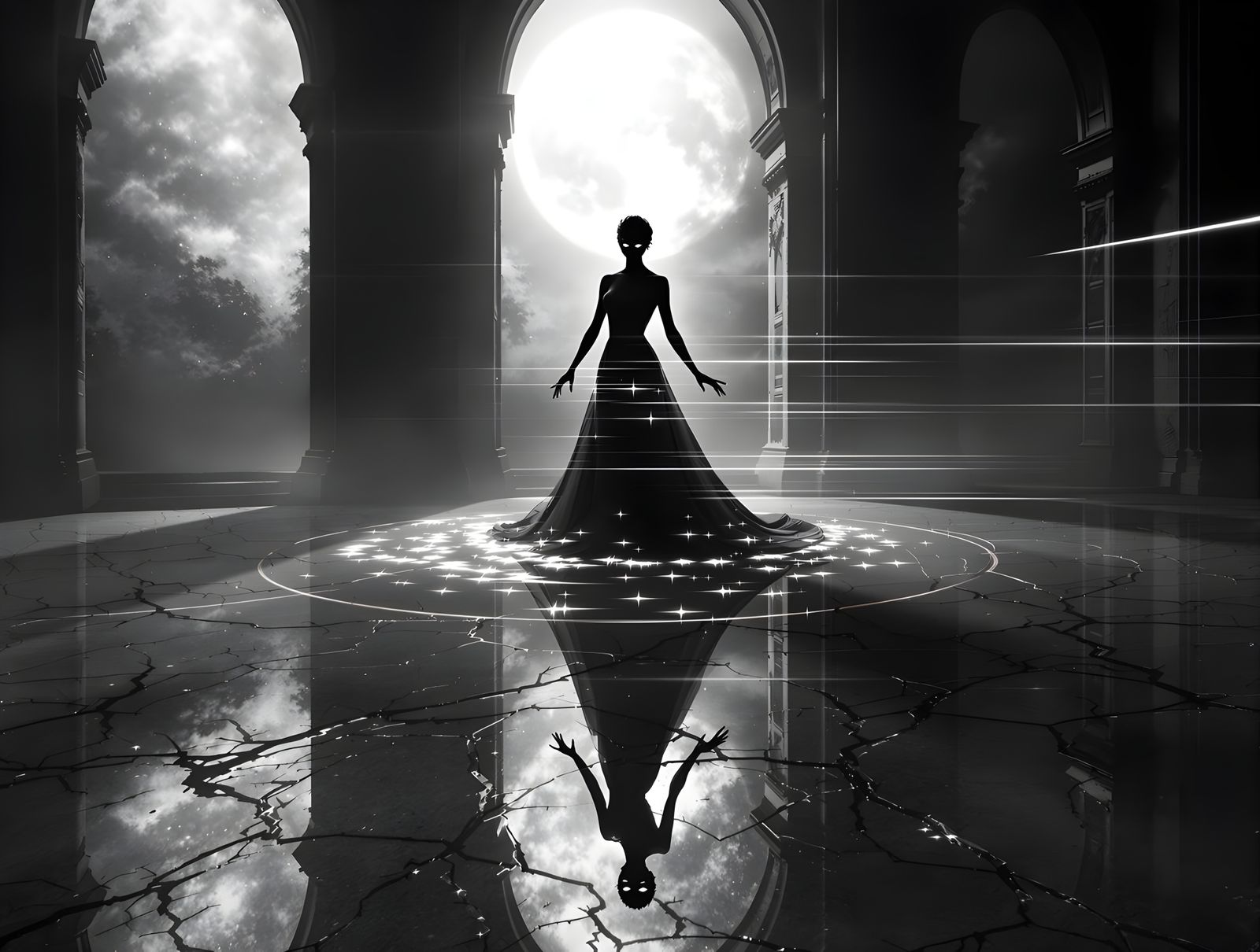 Ethereal Ballroom Silhouette in Digital Decay