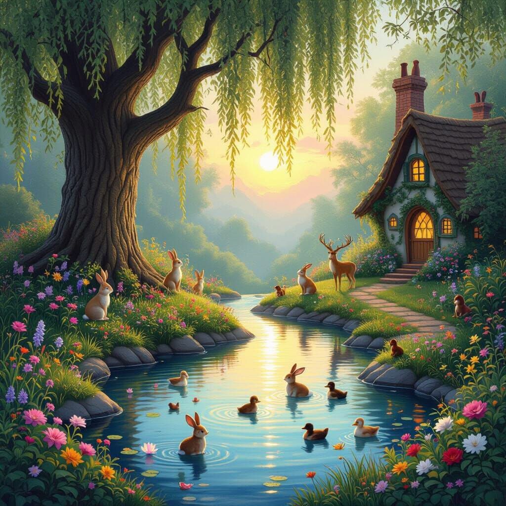 Enchanted Pond Scene in Whimsical Style