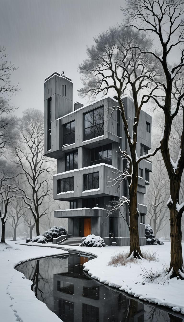 Futuristic Concrete House in Winter Wonderland