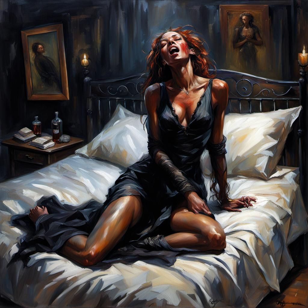 Ecstatic Nude in Gothic Bedroom as Oil Painting