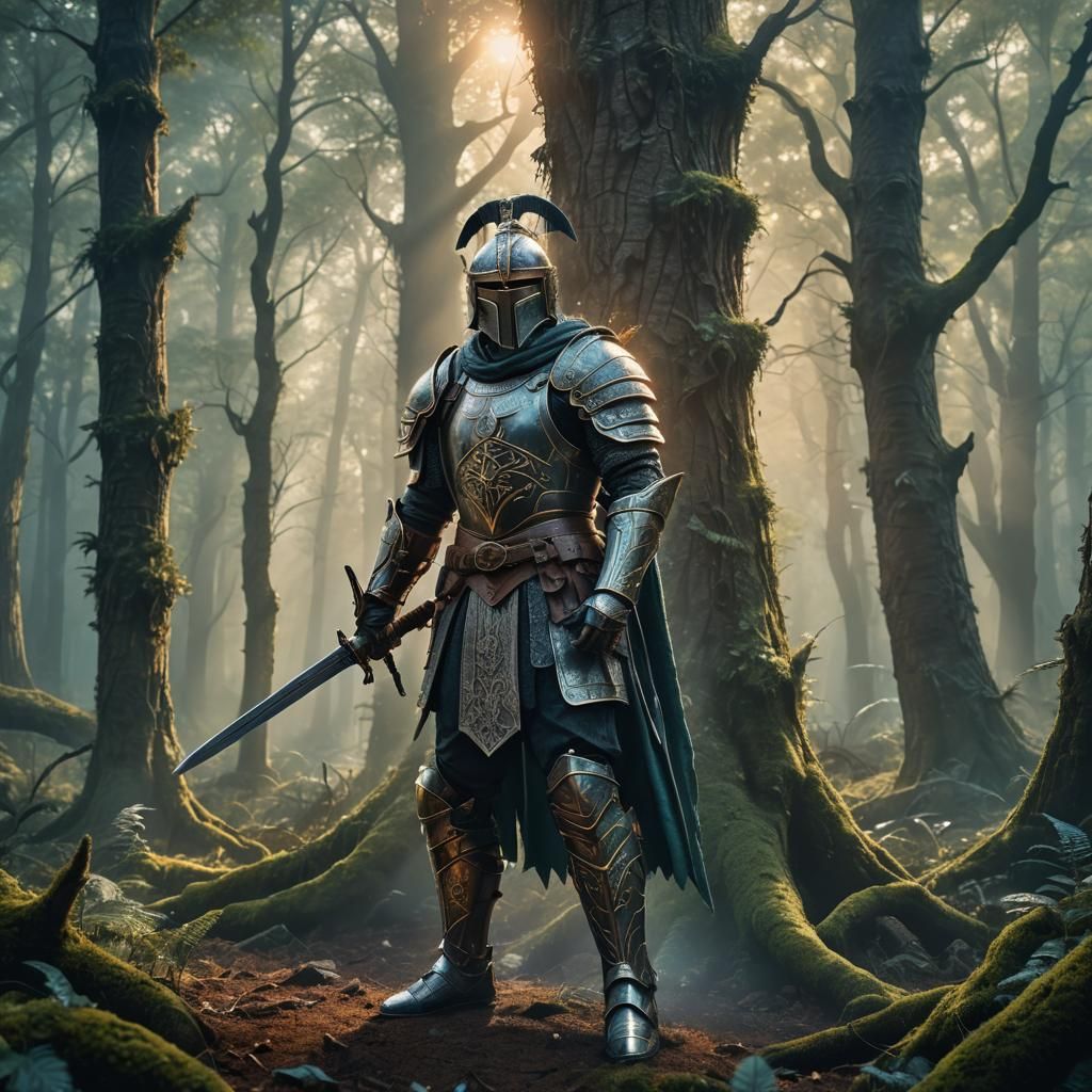 Armored Warrior in Mystical Forest Concept Art