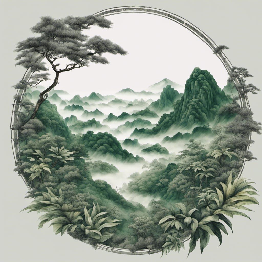 Chinese Ink Painting: Tropical Mountain Scene