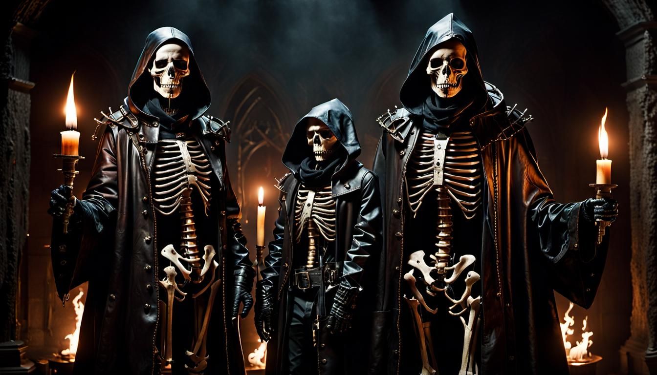 Skeletal Steampunk Figures Emerge from Dark Chamber in Chiar...