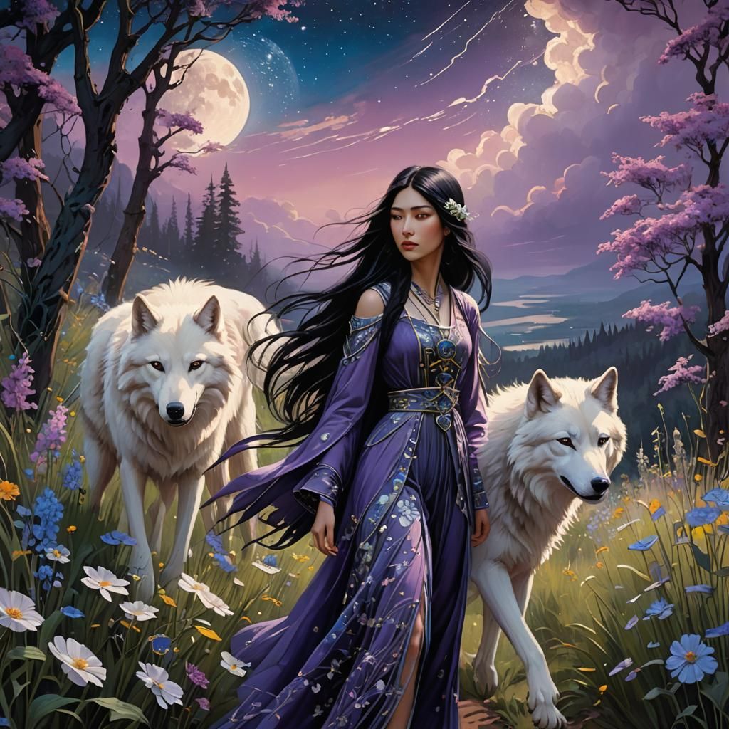 Girl and Wolf Amidst Wildflowers, Detailed Matte Painting