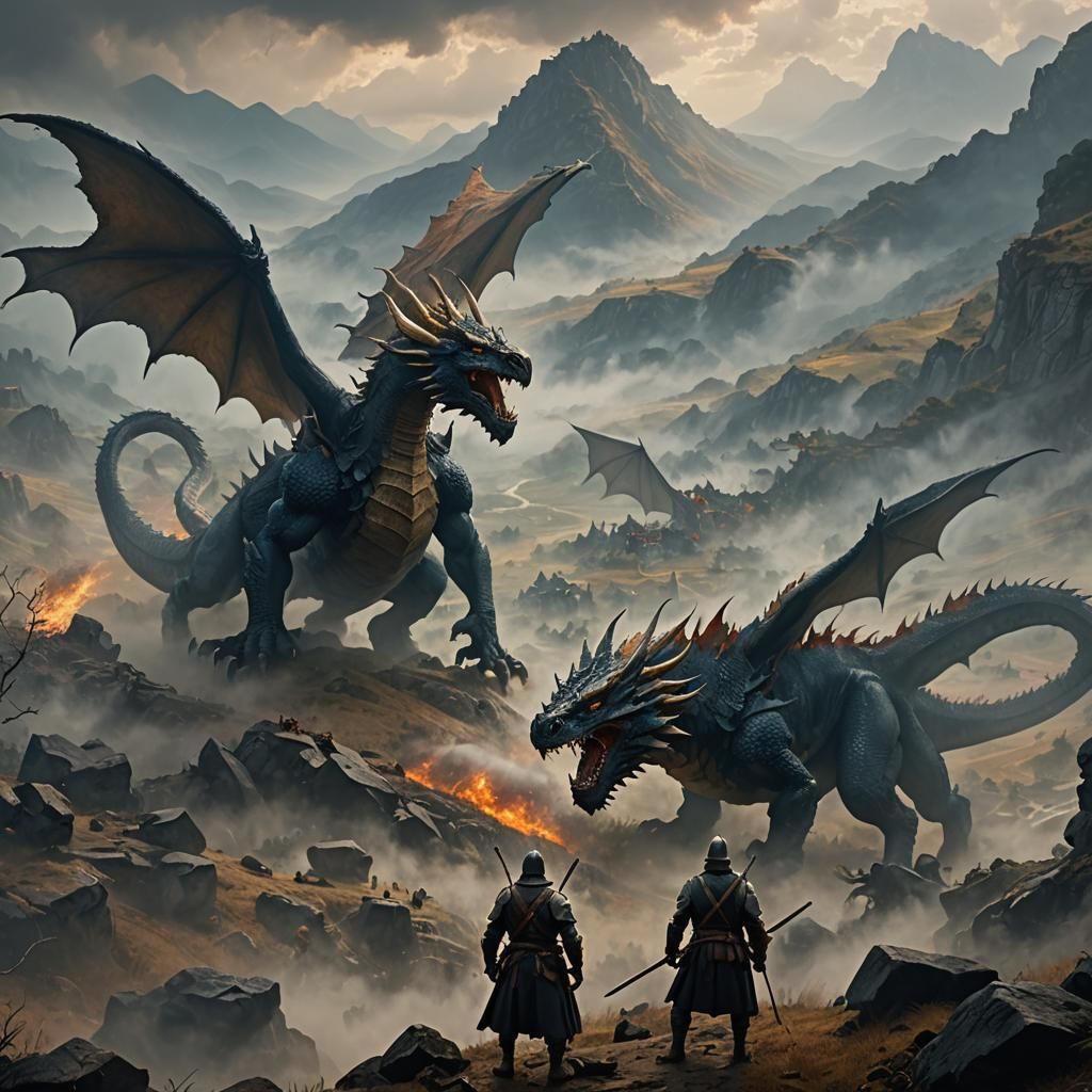 Epic Battle Between Warrior and Dragon in Overcast Valley