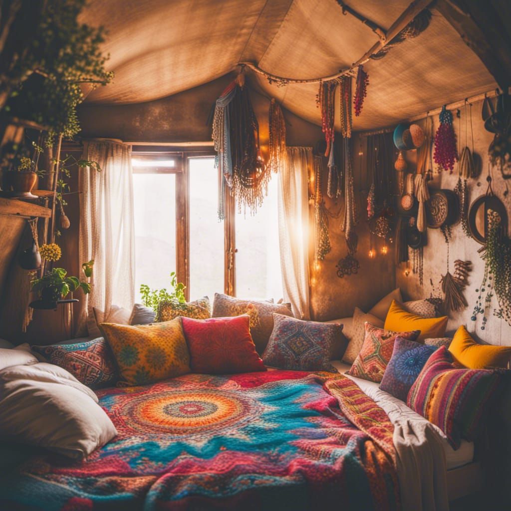 Bohemian Bed with Sunshine and Colorful Pillows