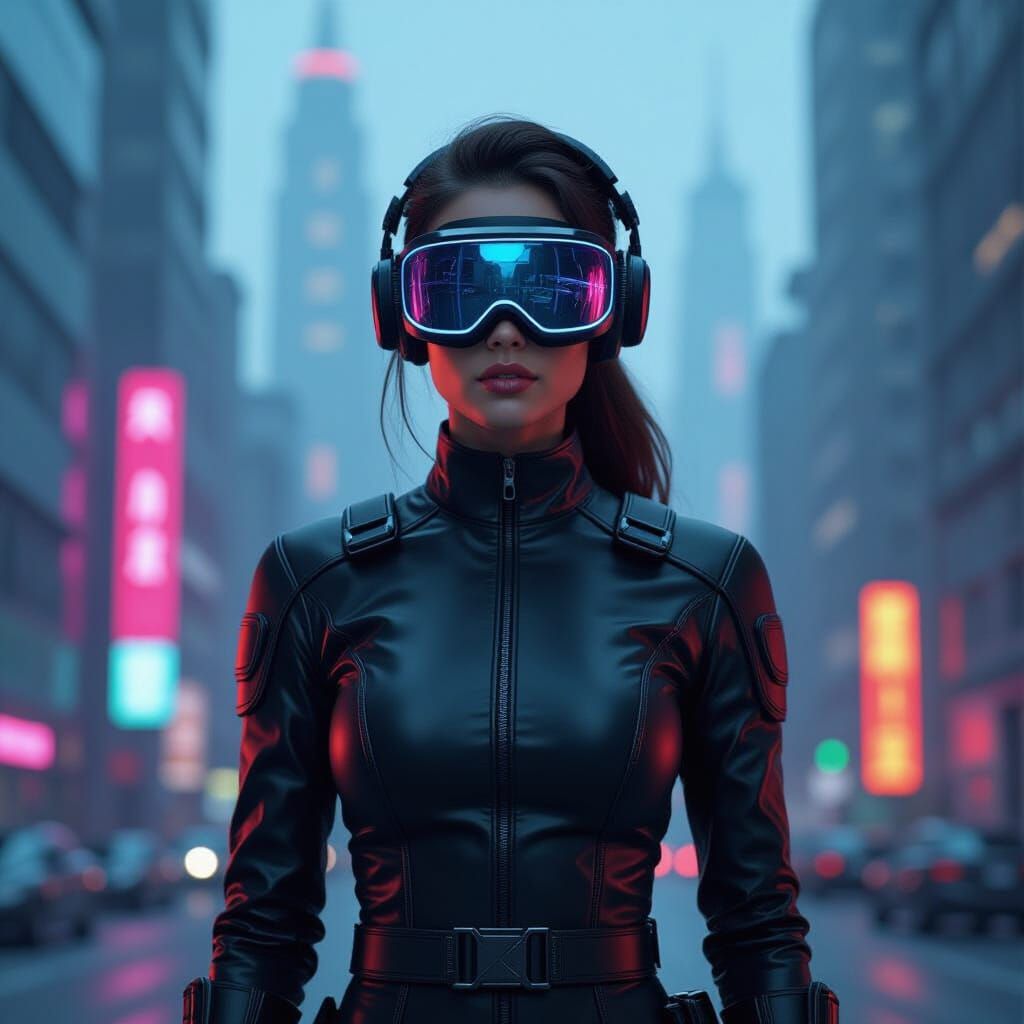 Futuristic Time Traveler in Cyberpunk Cityscape