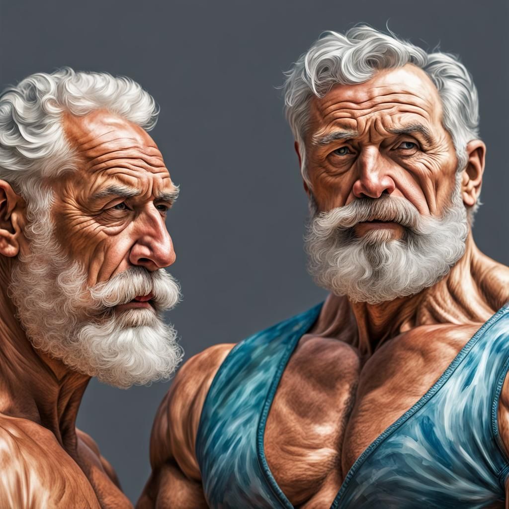 Two Silver-Haired Bodybuilders in Van Gogh Style